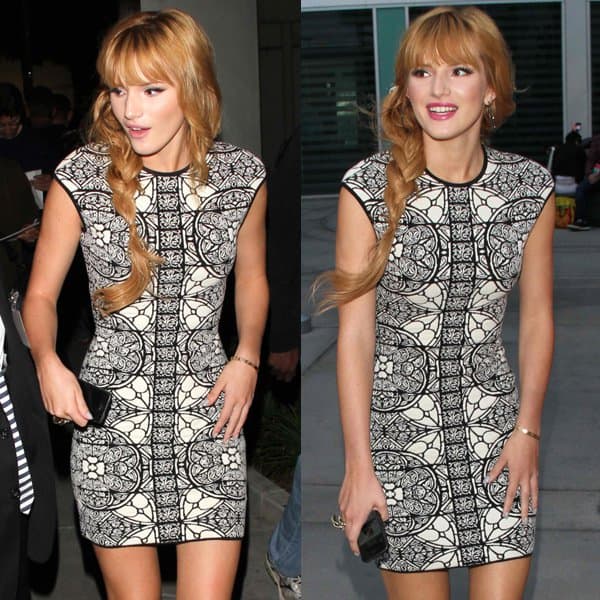 Bella Thorne sported deep rose pink lips and loose braids to sweeten up her edgy printed McQueen dress