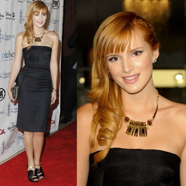Bella Thorne wearing a custom-made peplum dress from Olima Atelier and looking polished to the nth level