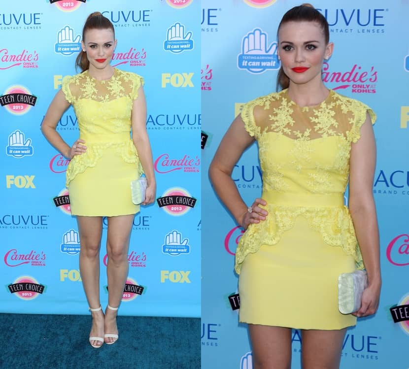 Actress Holland Roden attends the 2013 Teen Choice Awards in a canary yellow dress by Notte by Marchesa