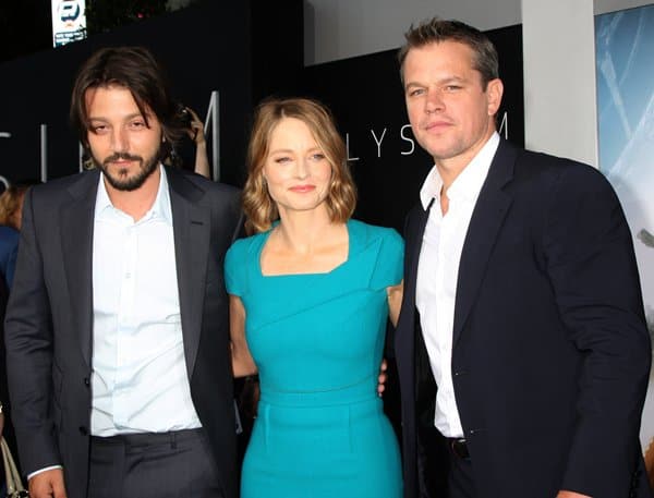 Jodie Foster with co-stars Diego Luna and Matt Damon at the world premiere of 'Elysium' held at the Regency Village Theatre in Westwood, California, on August 8, 2013