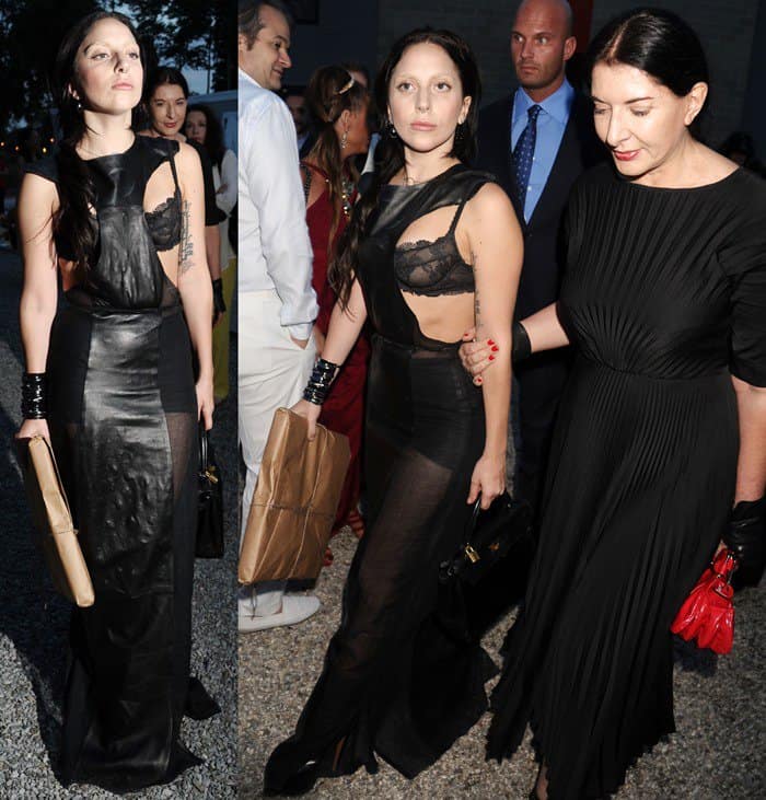 Lady Gaga looks relatively normal in a cutout maxi leather dress by Louise Leconte