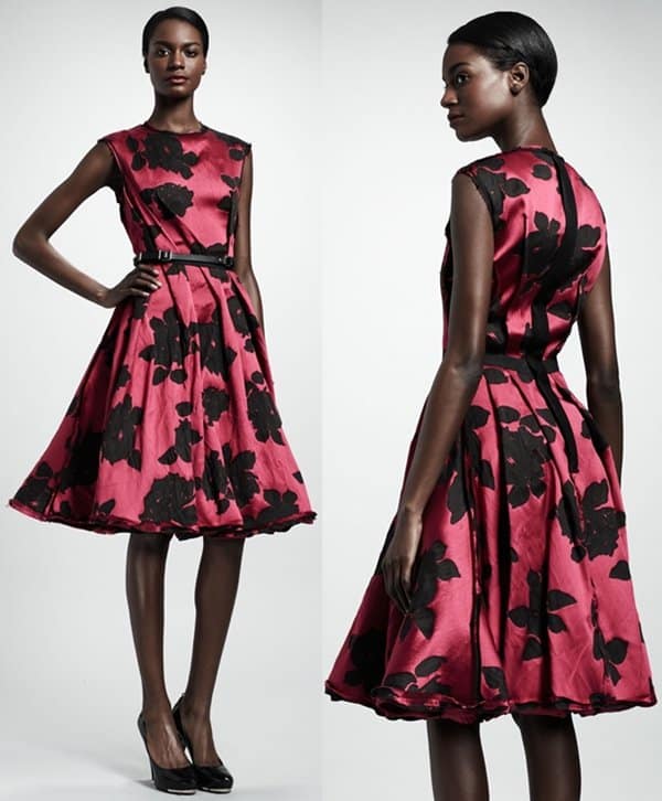 Lanvin Rose Cloque Inside-Pleat Dress