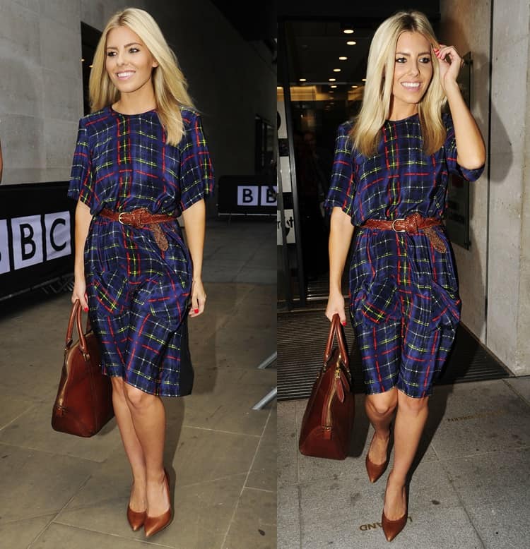 Mollie King styled her blue tartan dress with a belt, pumps, and a tan Burberry Orchard bag