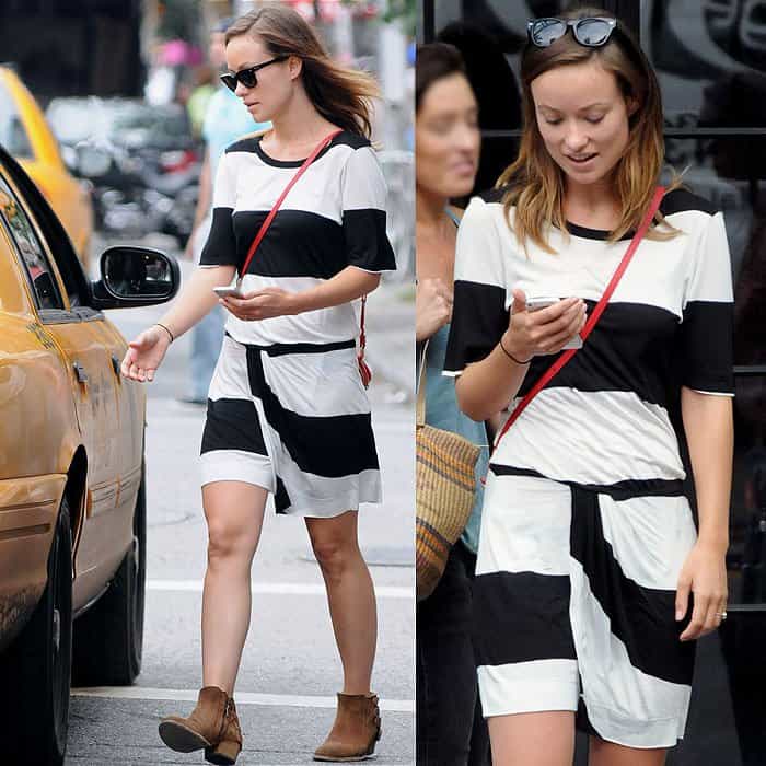 Olivia Wilde wearing a striped dress in New York