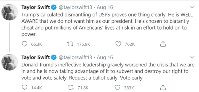 Taylor Swift urging fans and followers to vote in the presidential election