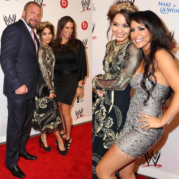 Vanessa Hudgens posing with WWE's Triple H, Stephanie McMahon, and Layla El