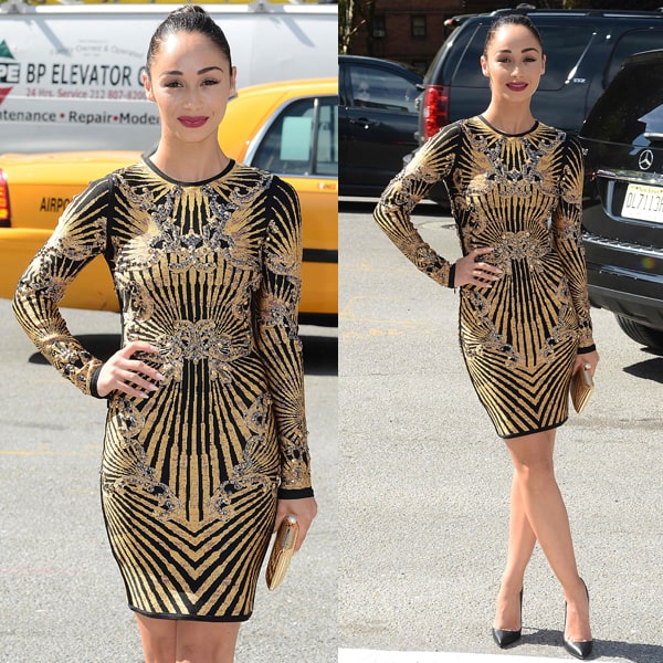 Actress Cara Santana arrived at the Hervé Léger by Max Azria show in the designer's sun-printed studded creation