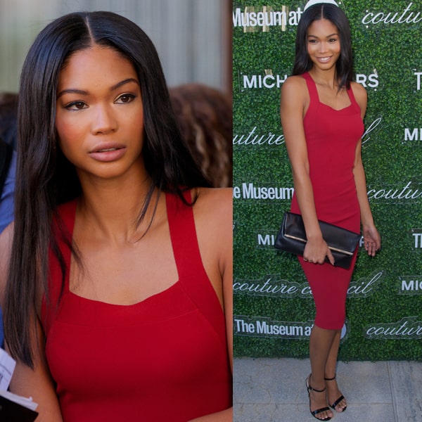 Chanel Iman paired her Michael Kors stretch matte jersey dress with a Taylor clutch from the same designer