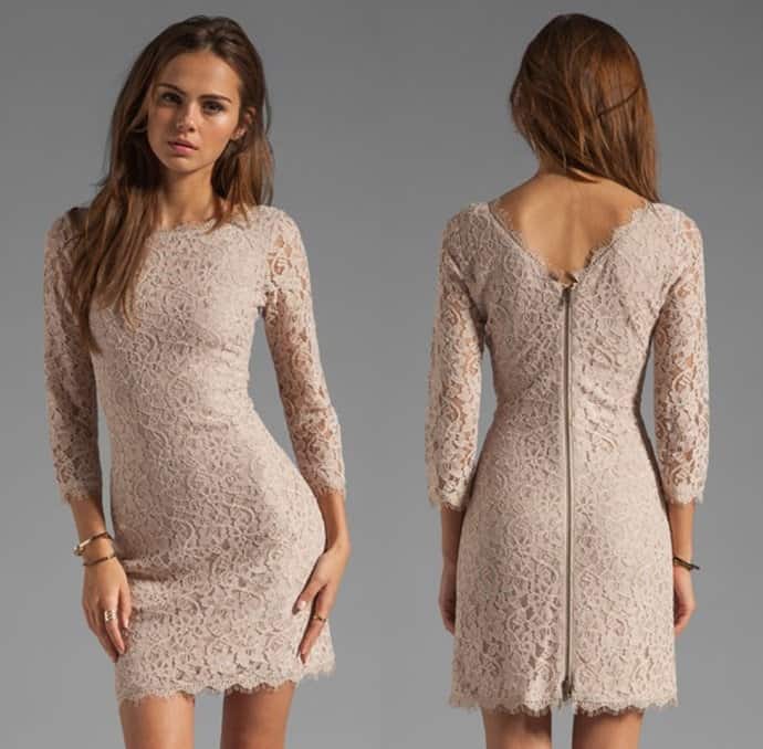 A demure DVF sheath dress with timeless appeal, cut from lace and finished with scalloped edges
