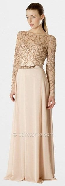 JS Collection Long-Sleeved Sheer Beaded Bodice Evening Gown