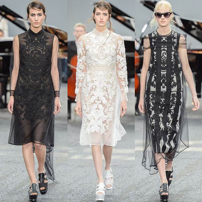 Embroidered shirtdresses with sheer overlays from the Erdem Spring 2014 collection
