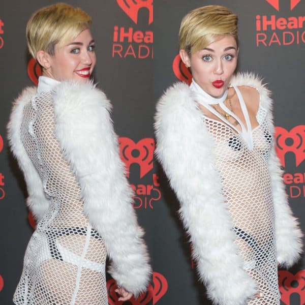 Miley Cyrus wearing a fishnet dress at the iHeart Radio event in Las Vegas on September 21, 2013