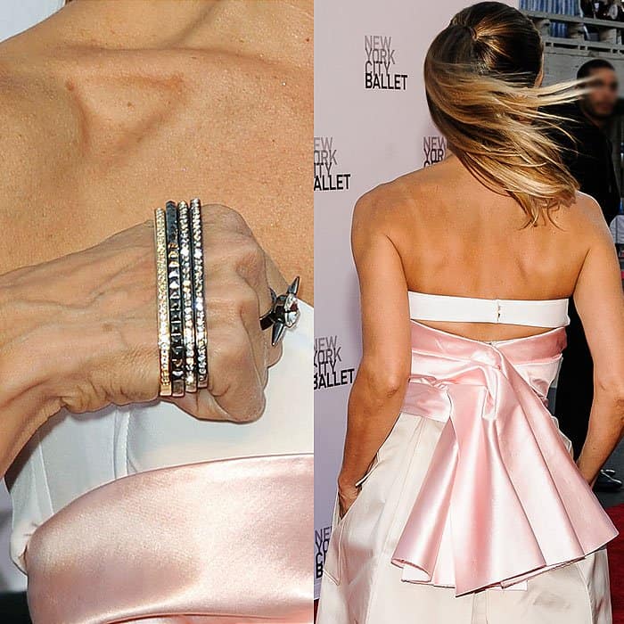 A closeup of Sarah Jessica Parker's hand bracelets and the back view of her gown