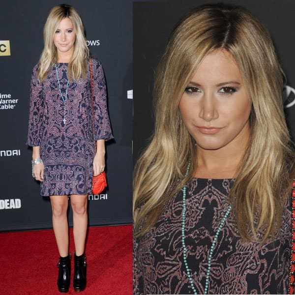 Ashley Tisdale wearing a cathedral-print dress from Sam & Lavi