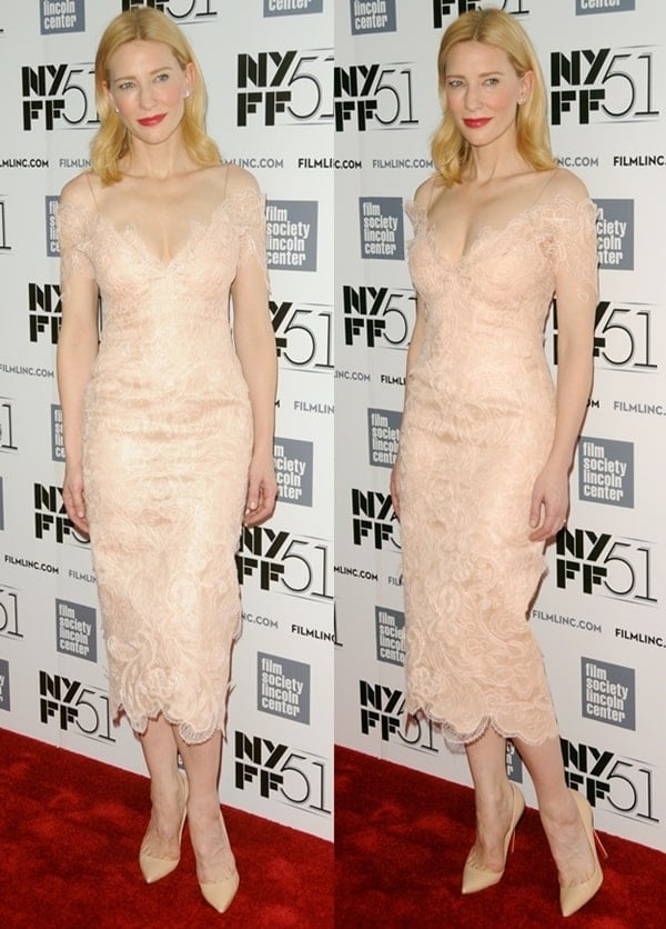 Cate Blanchett donned a custom-made Armani Prive lace frock in nude with matching pointy-toe pumps