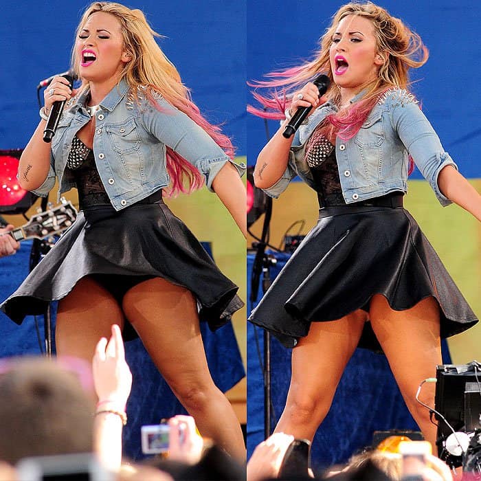 Demi Lovato has her skirt lifted while performing for Good Morning America's Summer Concert Series