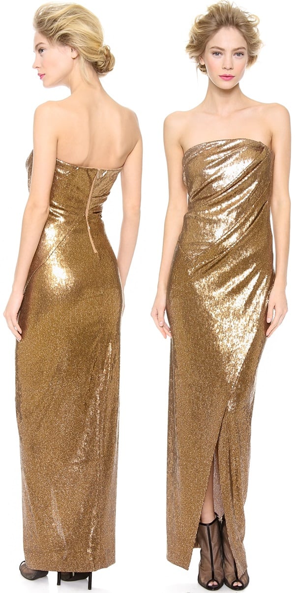 A shimmering, sequined mesh Donna Karan New York gown, crafted in a sexy strapless silhouette