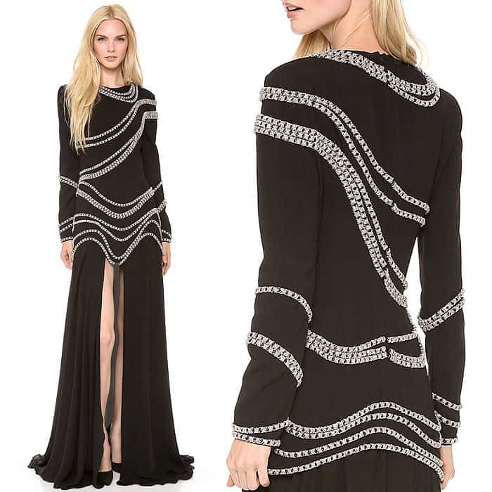 Jay Ahr Chain Embroidered Gown with Long Sleeves