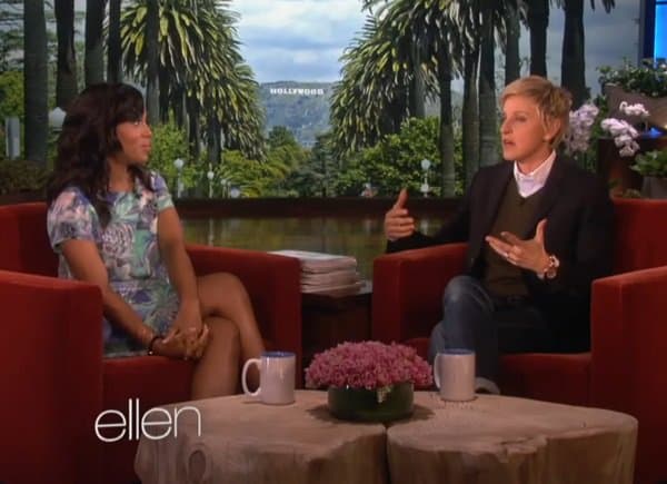Kerry Washington hides her baby bump in a stylish dress while appearing on The Ellen DeGeneres Show on November 14, 2013