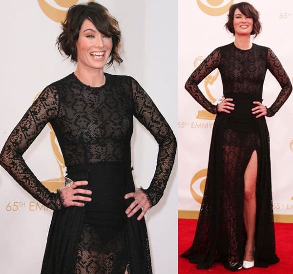 Lena Headey in a sexy and revealing Alessandra Rich Fall 2013 sheer black snakeskin-print dress with a thigh-high slit that she chose not to line at the 65th Annual Primetime Emmy Awards