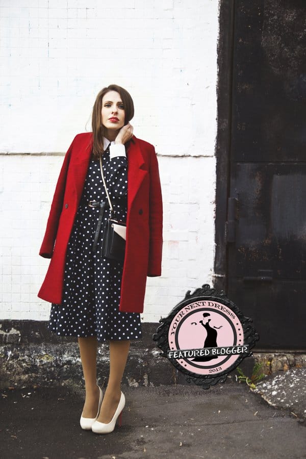Manona styled her polka-dot dress with white pumps and a red coat