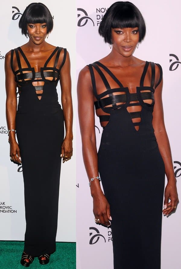 Naomi Campbell turned heads at the Novak Djokovic Benefit Dinner wearing a vintage black Versace dress and a short fringed bob in New York City