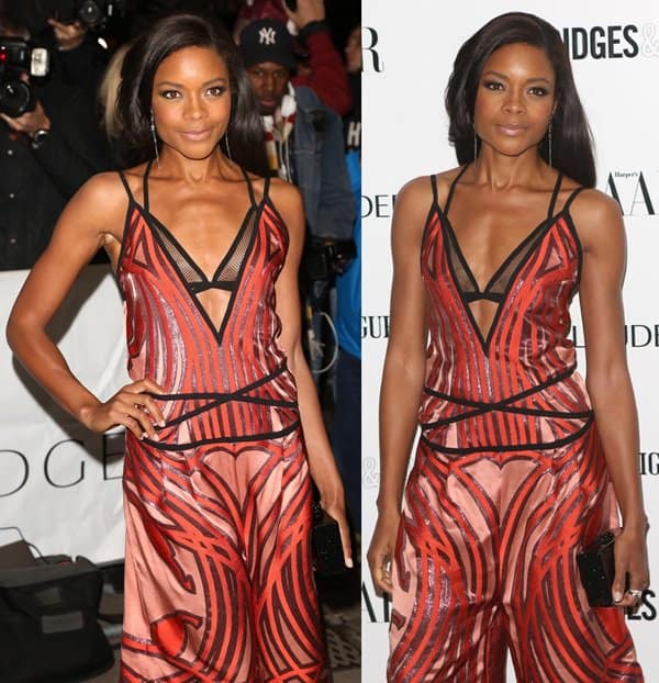 Naomie Harris in a bra-revealing Gucci gown that was patterned with pink, purple, and red stripes
