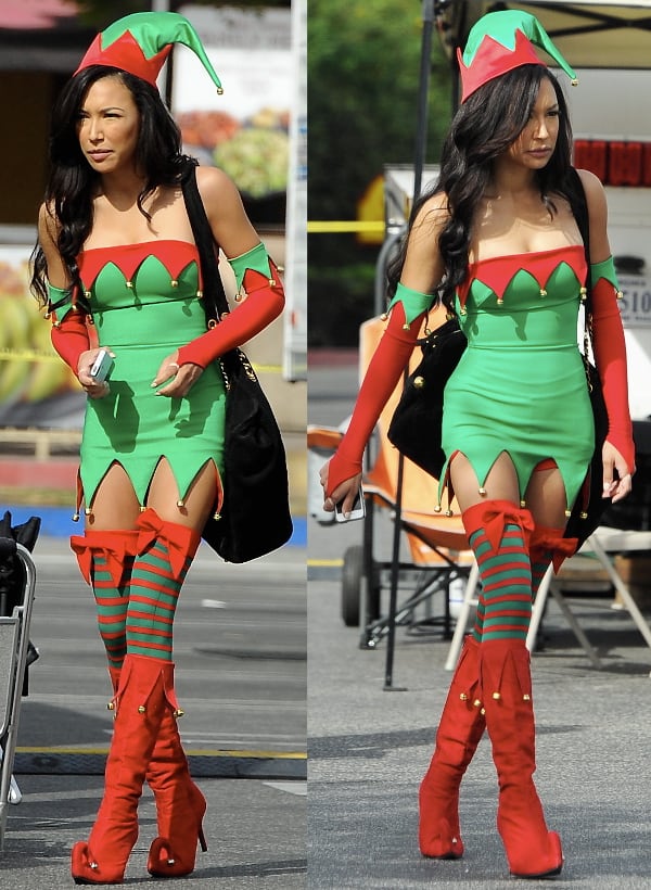 Naya Rivera walking to the set of Glee's Christmas special in her adorable but sexy elf costume