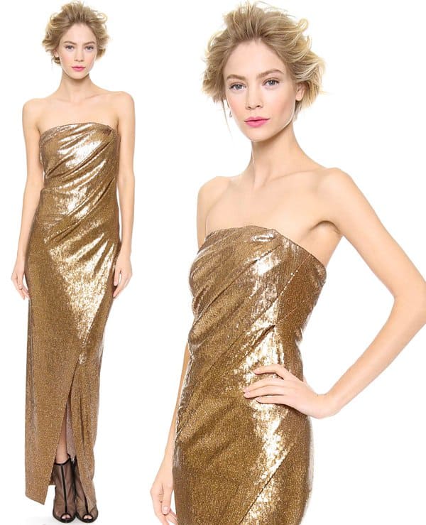 A shimmering, sequined mesh dress crafted in a sexy strapless silhouette