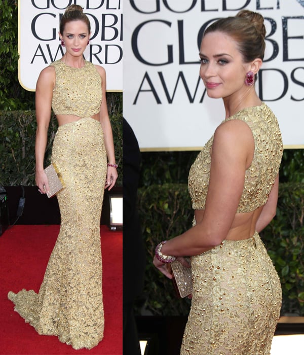 Emily Blunt's gold dress at the 70th Annual Golden Globe Awards