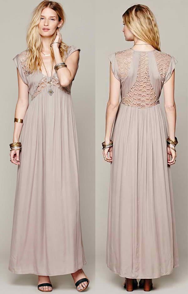 Empire-waist maxi dress with gorgeous crochet detailing at front of bust, shoulders, and upper back