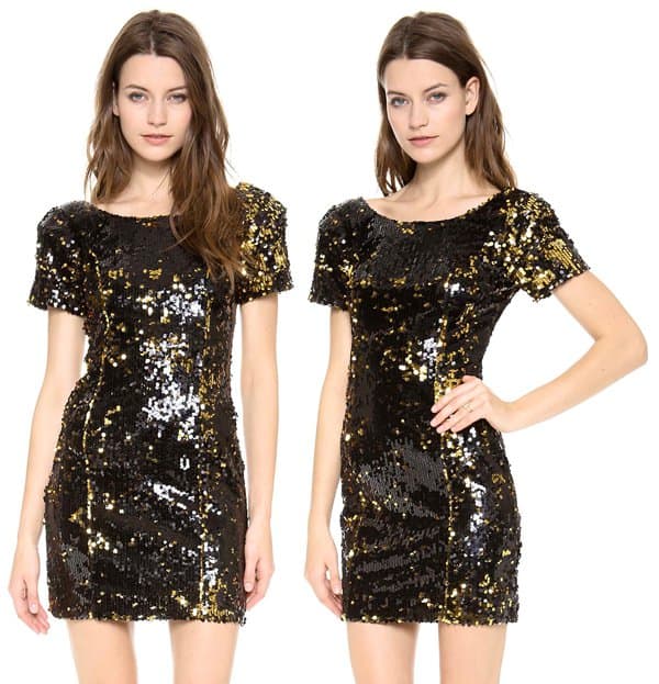 Two-tone sequins wash over the delicate mesh on a glamorous dress
