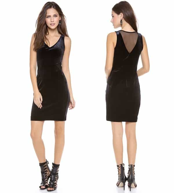 Provocative mesh cutouts detail the hips and back of a curve-conforming velvet dress
