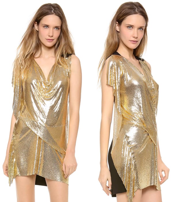 A striking dress is constructed in brilliant metal-mesh and cool, slinky jersey