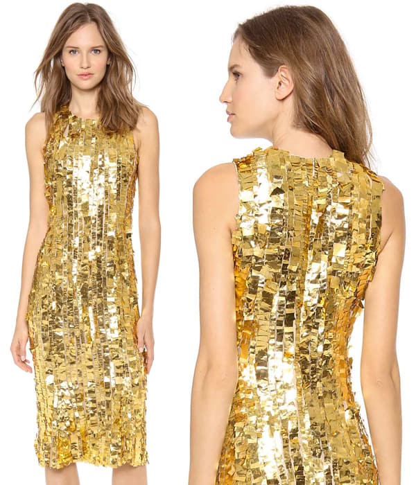 Shimmering gold-tone paillettes bring a luxurious, baroque element to a daring sheath dress