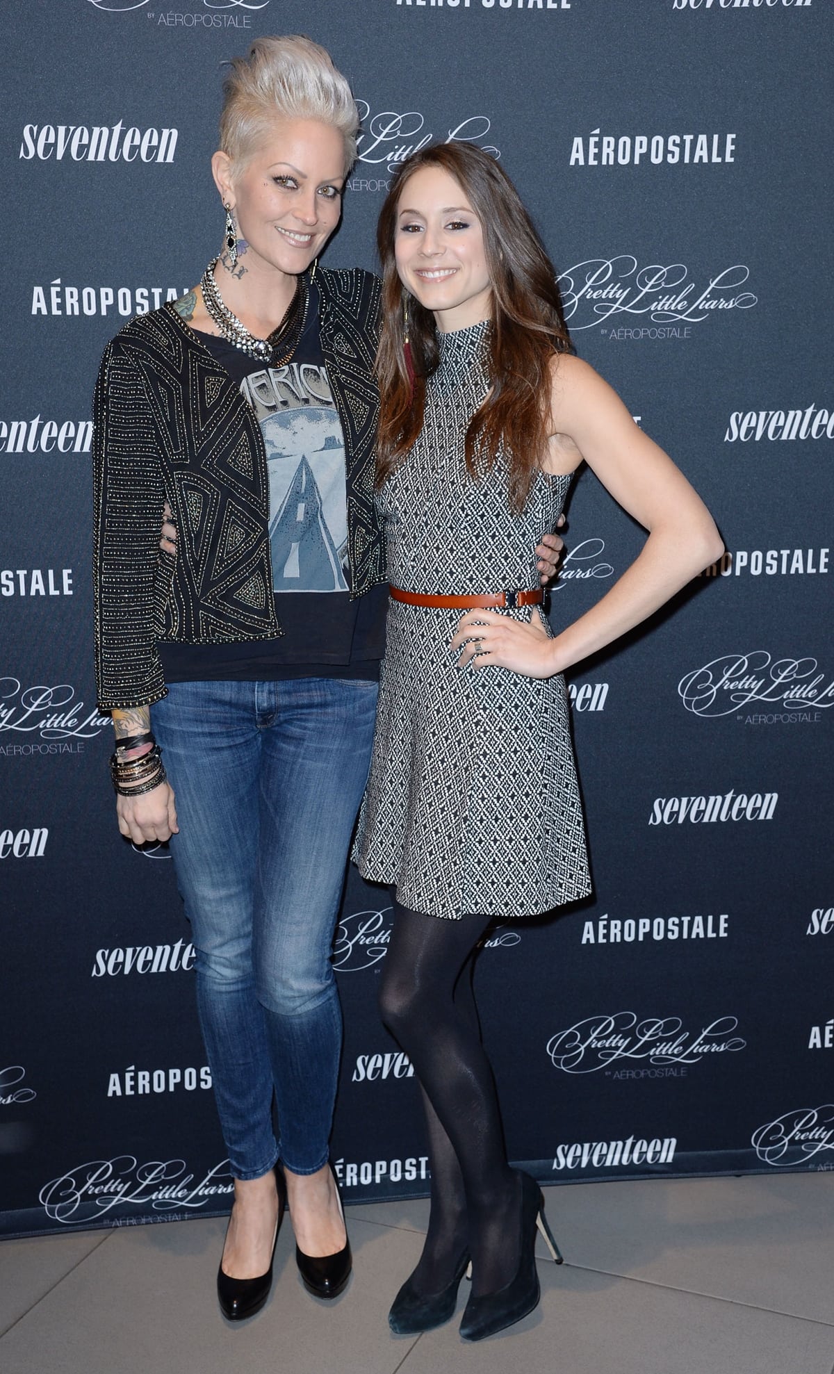 Designer Mandi Lane and actress Troian Bellisario attend the "Pretty Little Liars" fashion collection launch event at Aeropostale Times Square