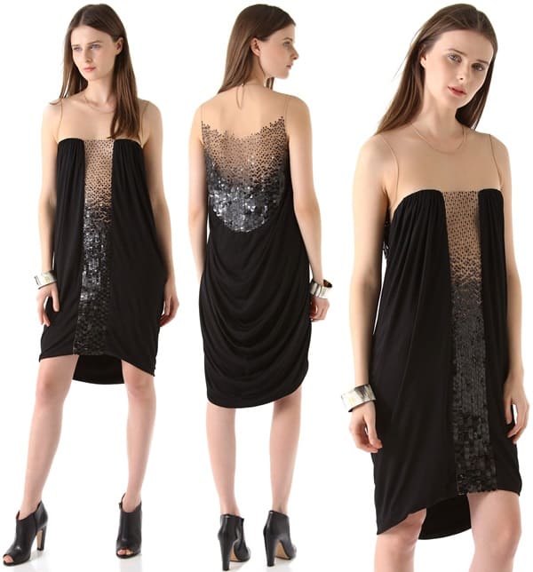 Glossy, graduated sequins scale the tulle front panel and illusion neckline on this sleeveless, draped jersey dress