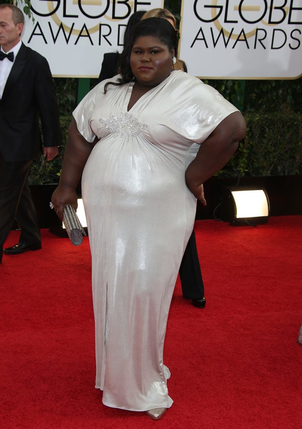 Gabourey Sidibe styled her gorgeous gown with Barefoot Tess shoes at the 71st Annual Golden Globe Awards