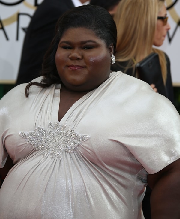Gabourey Sidibe looked stunning in an off-white gown designed by her stylist, Daniel Musto, with Michael Costello Couture