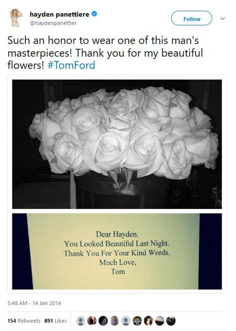 Hayden Panettiere tweeted this picture of flowers and a card that Tom sent her after the Golden Globes