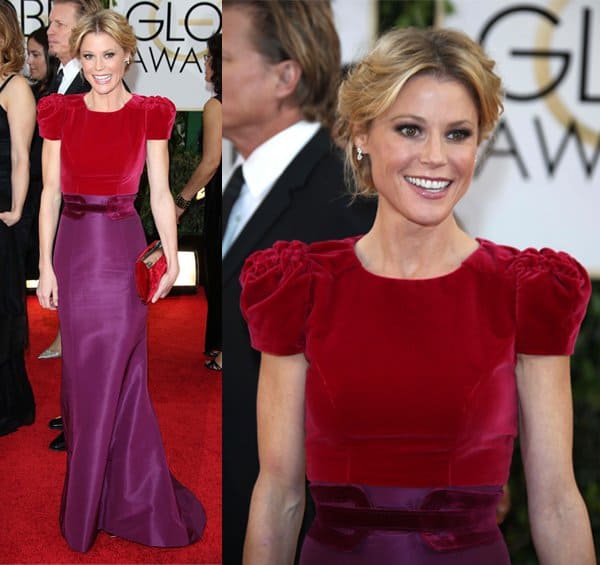 Julie Bowen donned a vibrant color-blocked gown from Carolina Herrera's Fall 2013 collection, which she paired with Jimmy Choo shoes at the 71st Annual Golden Globe Awards