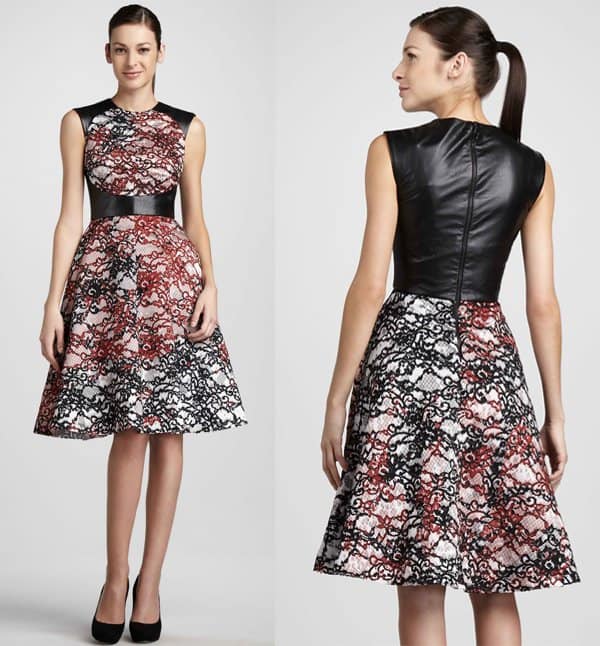 Monique Lhuillier Leather-Bodice Lace Dress