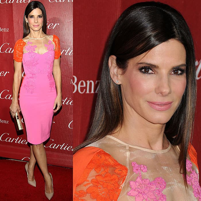Sandra Bullock looked stunning in pink and orange at the 2014 Palm Springs International Film Festival Awards Gala, where she was honored with the Desert Palm Achievement Award – Actress for her critically acclaimed role in the blockbuster film, Gravity