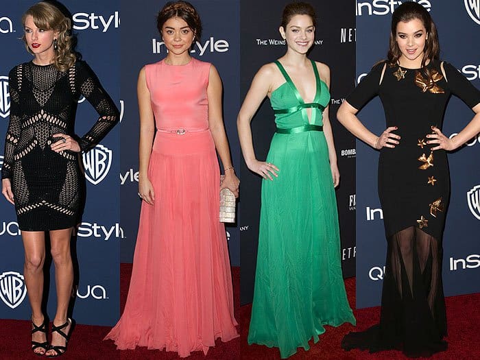 Taylor Swift, Sarah Hyland, Odeya Rush, and Hailee Steinfeld at the Warner Bros. and InStyle Golden Globe Awards after-party and the Weinstein Company & Netflix 2014 Golden Globes after-party