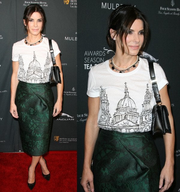 Best Actress nominee for Gravity Sandra Bullock in a two-piece Burberry Prorsum outfit at the 2014 BAFTA Tea Party