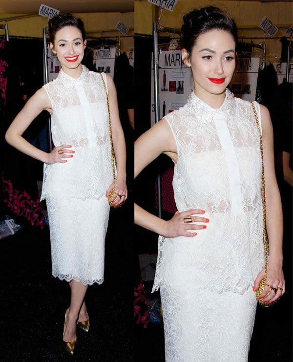 Emmy Rossum in a white lace dress at the Monique Lhuillier show during New York Fashion Week Fall 2014