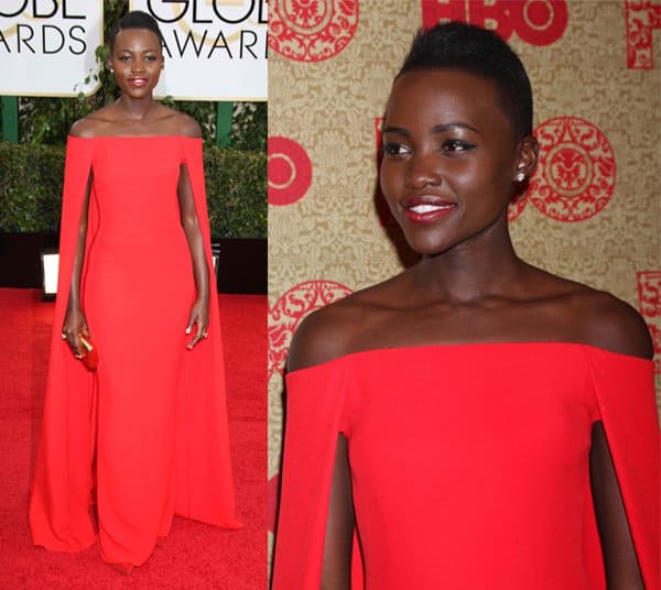Actress Lupita Nyong'o in a red Ralph Lauren gown with an attached cape