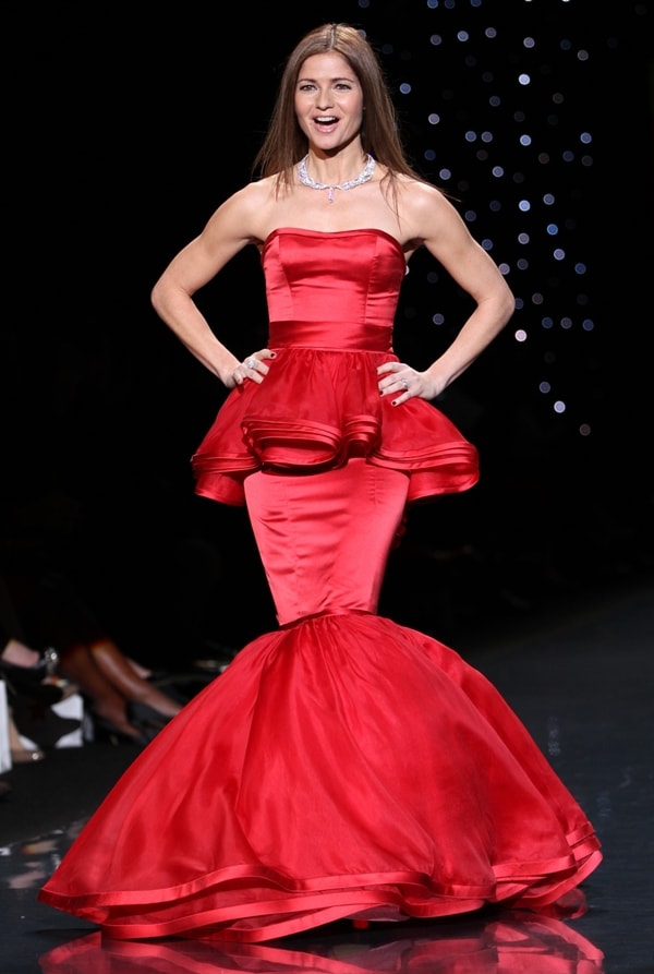 Jill Hennessy walks the runway wearing Dennis Basso at Heart Truth Red Dress Collection