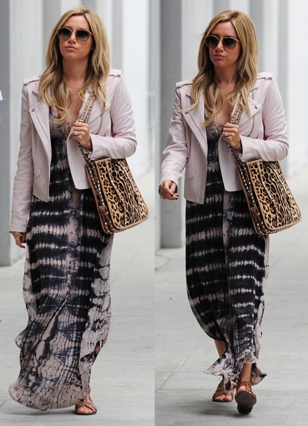 Ashley Tisdale wears a boho-chic ále by Alessandra Caravan maxi dress in Beverly Hills