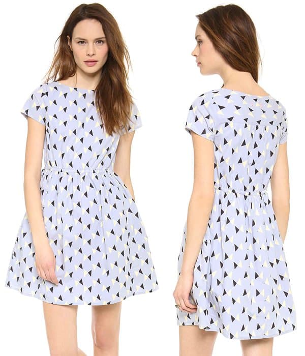 Geometric patterns add a graphic element to this elephant/sherbet/nero navy dress, rendered in a charming fit-and-flare silhouette